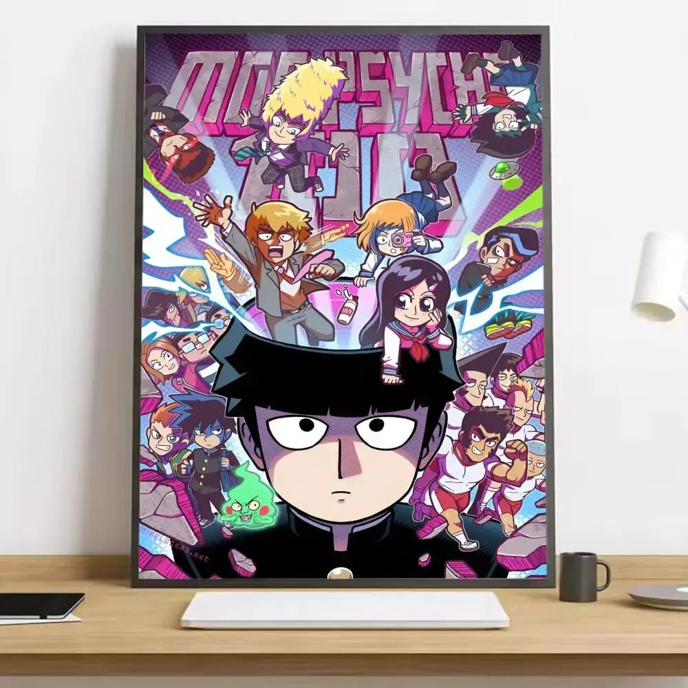 Vibrant pink and purple shigeo canvas poster featuring mob psycho characters in dynamic action, waterproof and durable