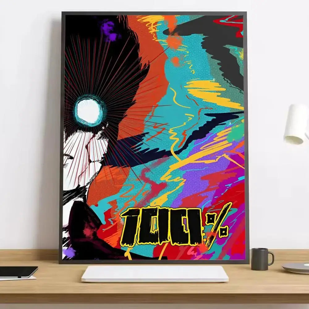 Vibrant mob psycho 100 shigeo canvas poster with bold black red teal yellow brushstrokes and glowing blue eye motif