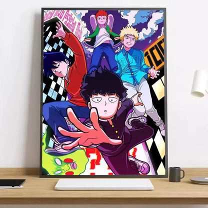 Vibrant mob psycho 100 shigeo canvas poster featuring four characters on colorful checkered background waterproof durable