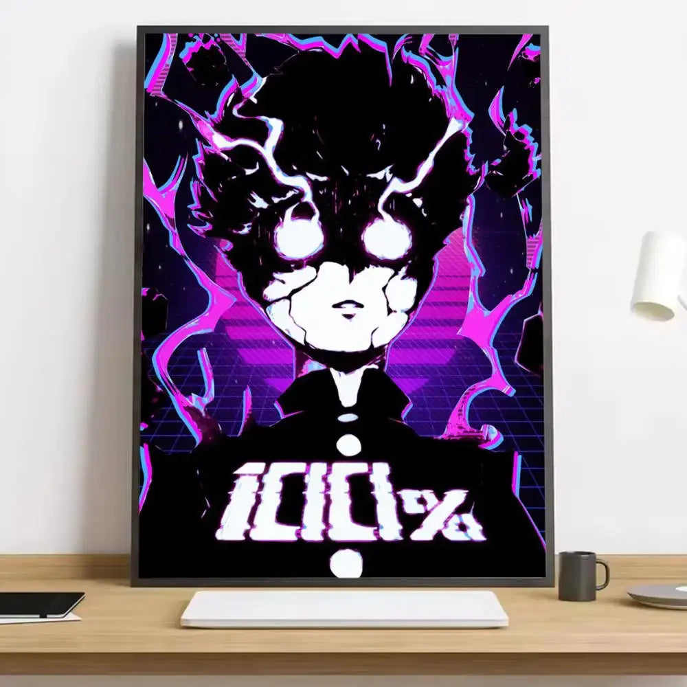 Vibrant purple and black mob psycho shigeo canvas poster with glowing eyes framed in sleek black, waterproof and durable