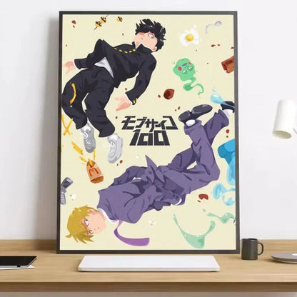 Black and purple mob psycho shigeo canvas poster in a black frame featuring characters and scattered food items