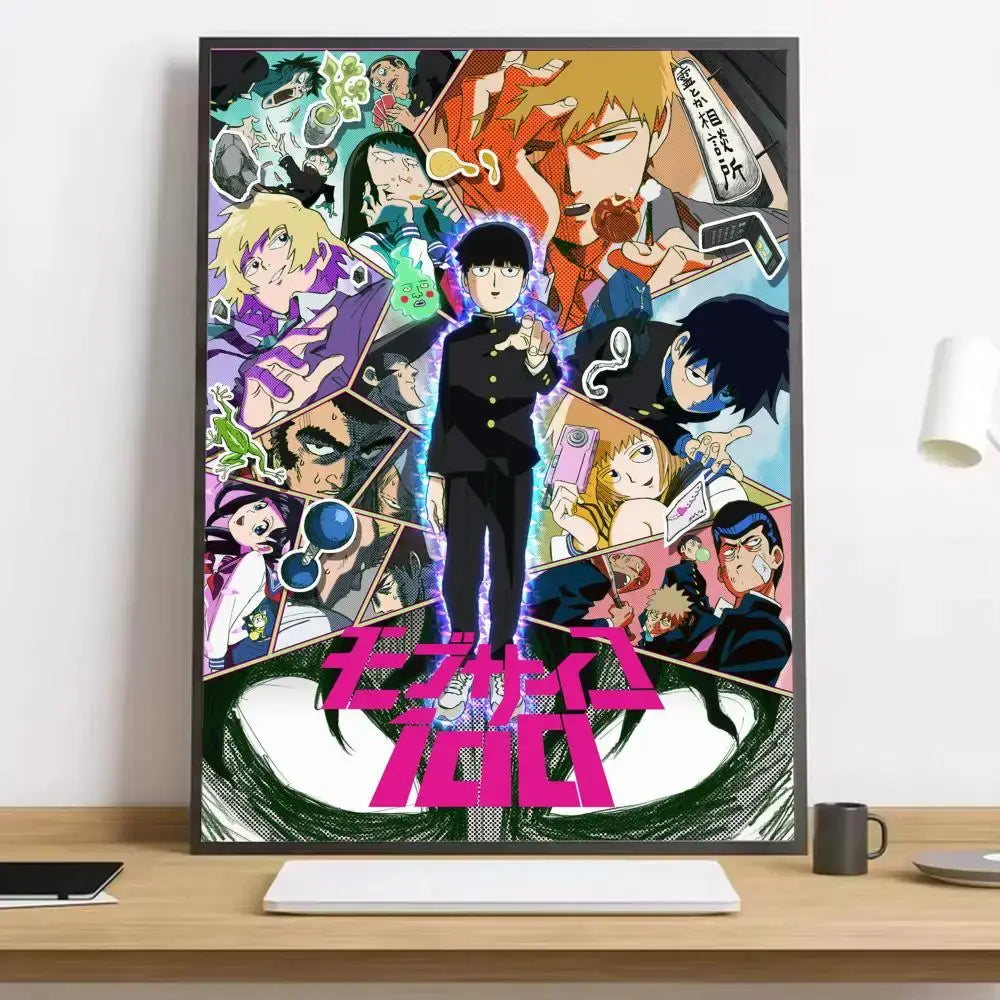 A vibrant mob psycho 100 shigeo canvas poster featuring dynamic comic-style panels and bold pink lettering on waterproof durable material