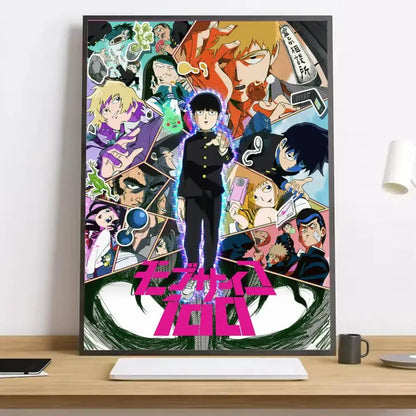 A vibrant mob psycho 100 shigeo canvas poster featuring dynamic comic-style panels and bold pink lettering on waterproof durable material