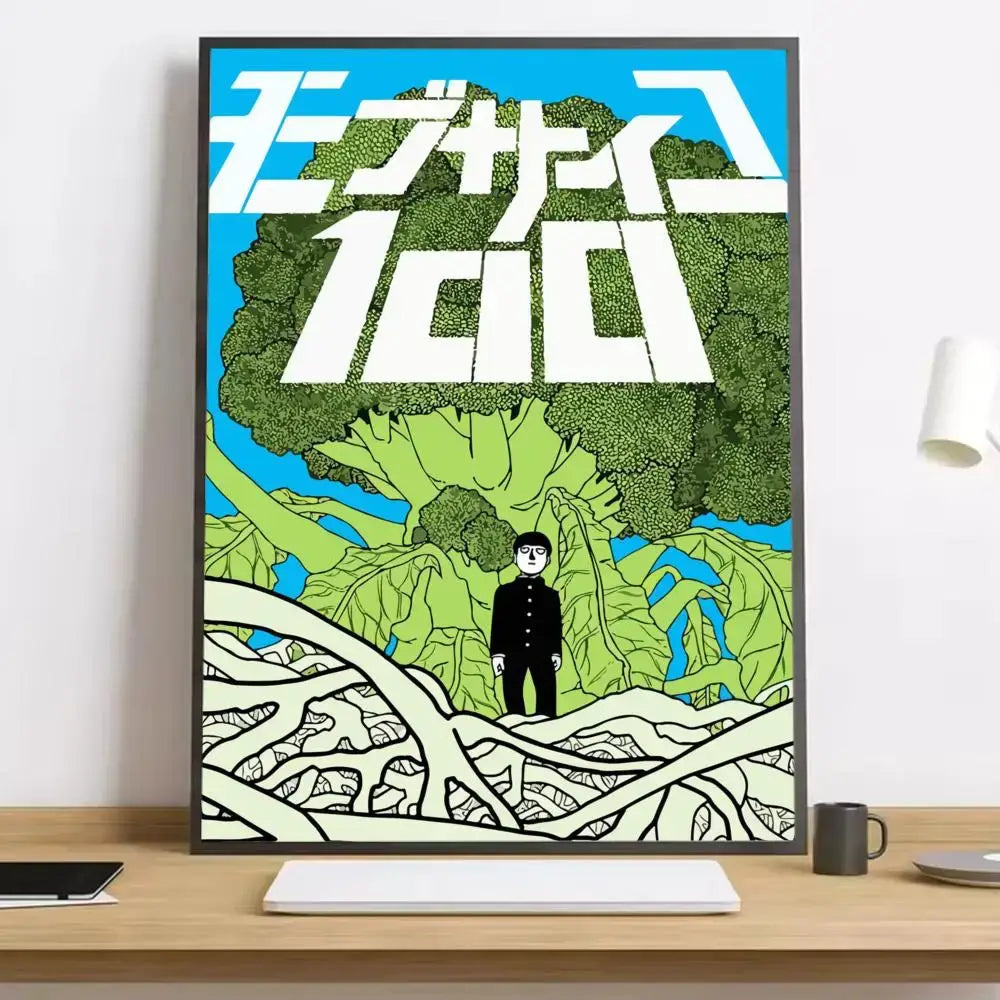 A mob psycho 100 shigeo canvas poster with bold white text over a green broccoli tree on a bright blue background