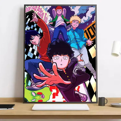 Vibrant mob psycho canvas poster featuring shigeo in dynamic poses with checkered colorful background and sleek black border