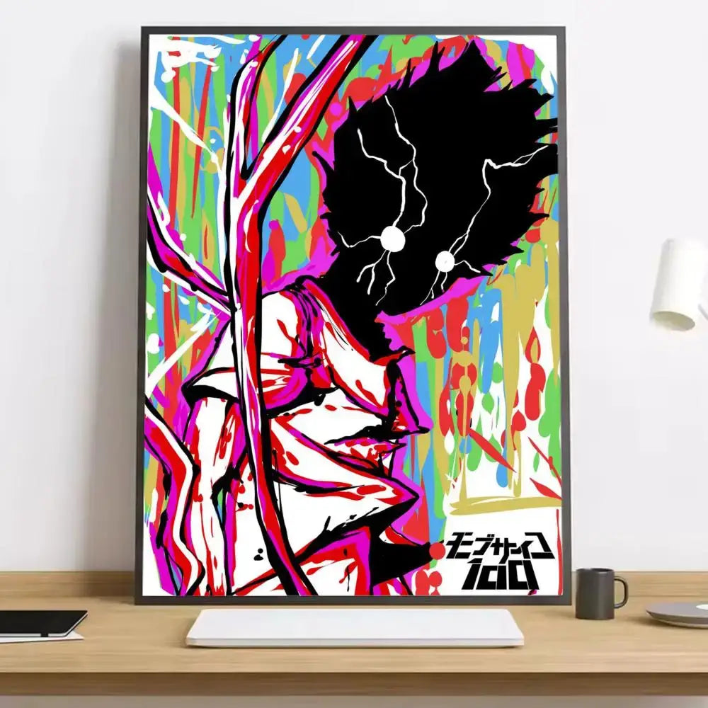 Vibrant mob psycho 100 shigeo canvas poster featuring stylized anime character with colorful splash background