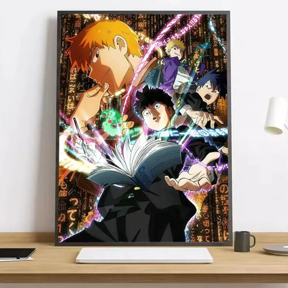 Vibrant mob psycho 100 shigeo canvas poster with dynamic energy effects and japanese text in sleek black frame