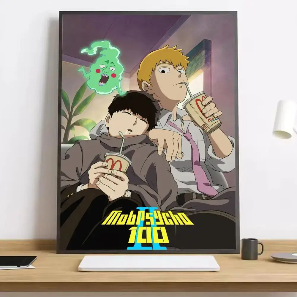 A framed mob psycho 100 shigeo canvas poster with bold yellow and blue title featuring characters drinking mcdonalds beverages