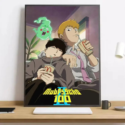 A framed mob psycho 100 shigeo canvas poster with bold yellow and blue title featuring characters drinking mcdonalds beverages