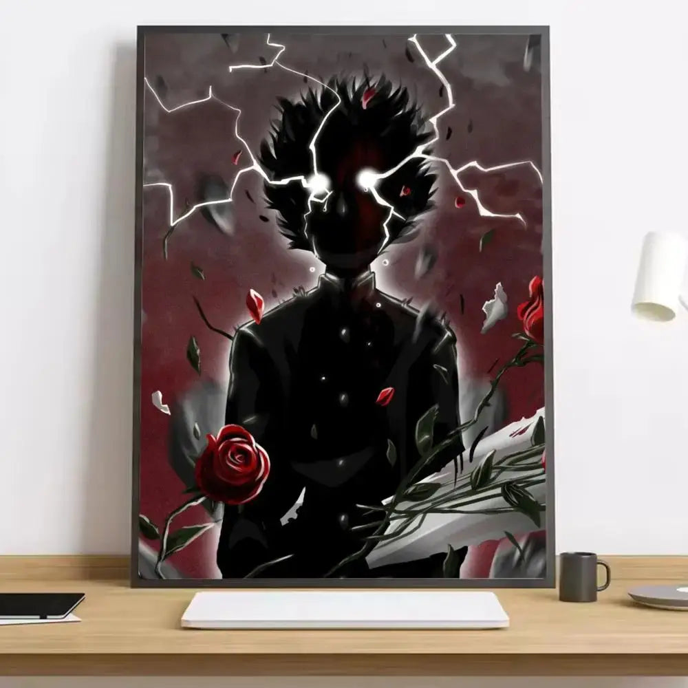 Dark-framed mob psycho 100 shigeo canvas poster with black-clad figure, glowing eyes, red roses, and lightning on maroon background