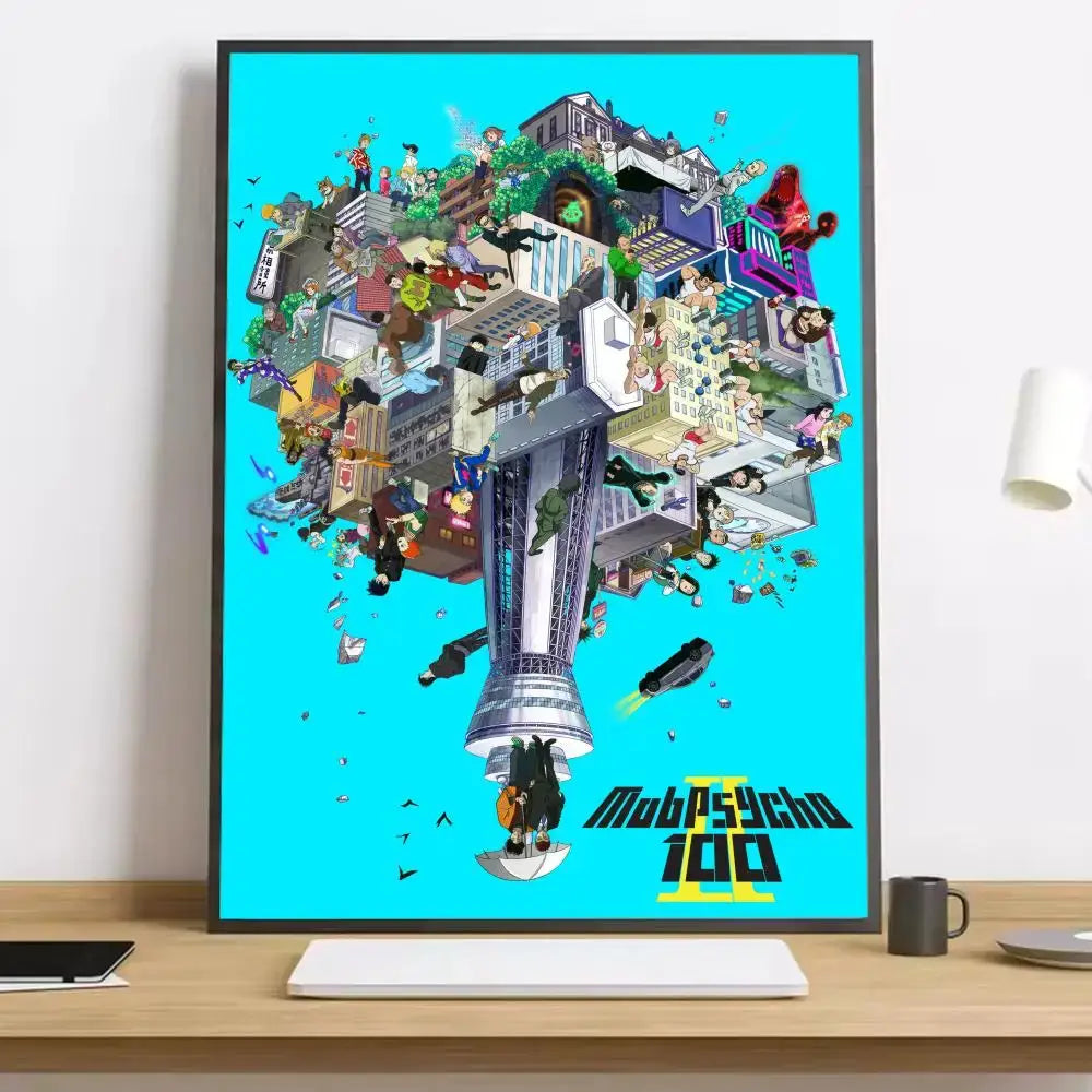 A vibrant blue mob psycho shigeo canvas poster featuring a surreal floating cityscape with anime characters waterproof durable