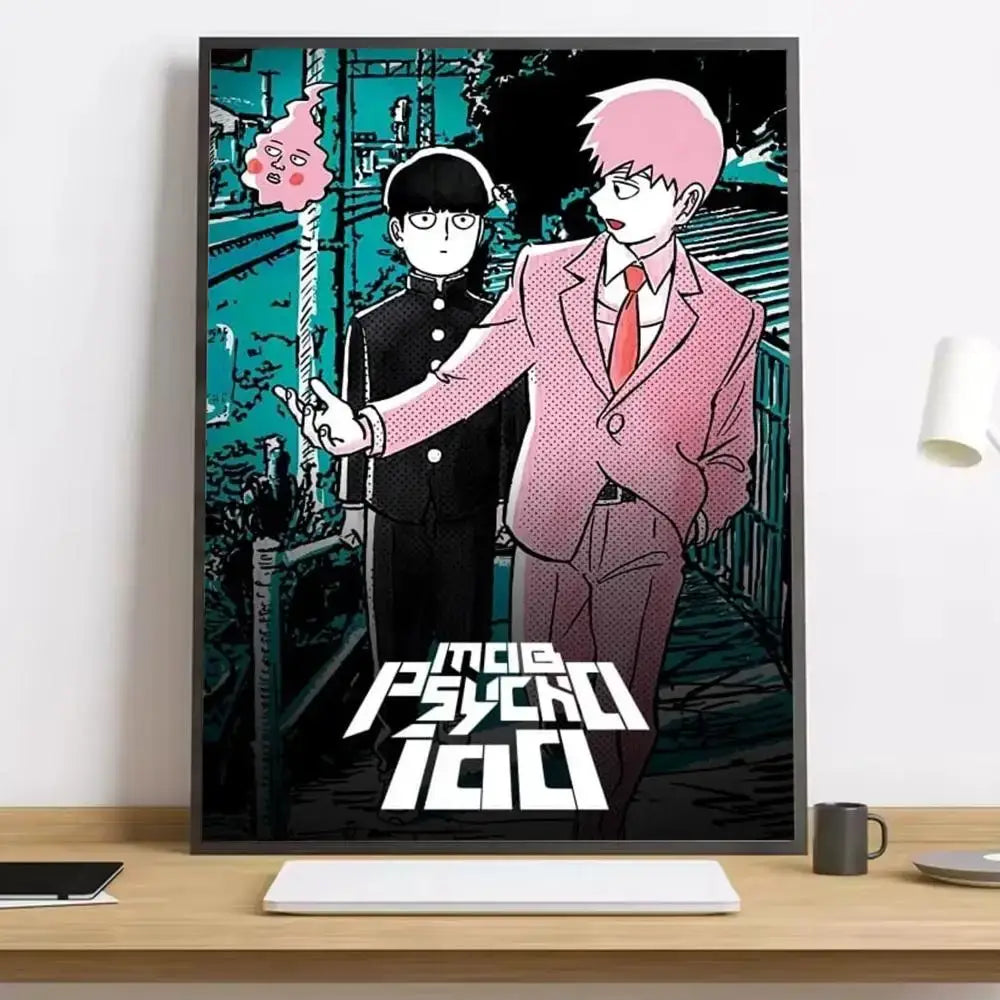 A framed mob psycho 100 shigeo canvas poster with bold black outlines and a vibrant teal background, waterproof durable