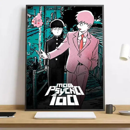 A framed mob psycho 100 shigeo canvas poster with bold black outlines and a vibrant teal background, waterproof durable