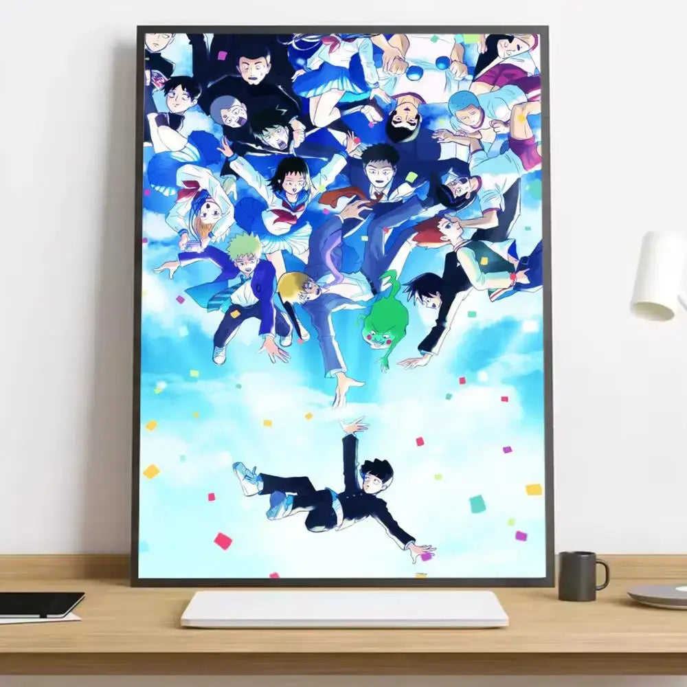 A framed mob psycho 100 shigeo canvas poster with vibrant characters mid-air against a bright blue sky with confetti