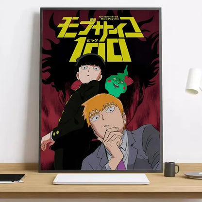 A mob psycho shigeo canvas poster with bold yellow text and characters on a dark red waterproof durable canvas