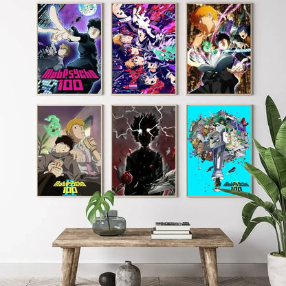 Six framed mob psycho 100 shigeo canvas posters in vibrant colors above wooden table waterproof durable design