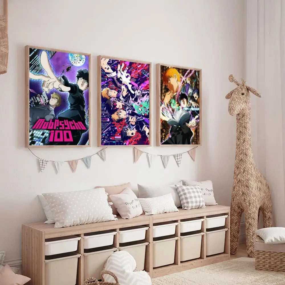 Three vibrant mob psycho 100 shigeo canvas posters displayed on wall featuring colorful waterproof durable artwork
