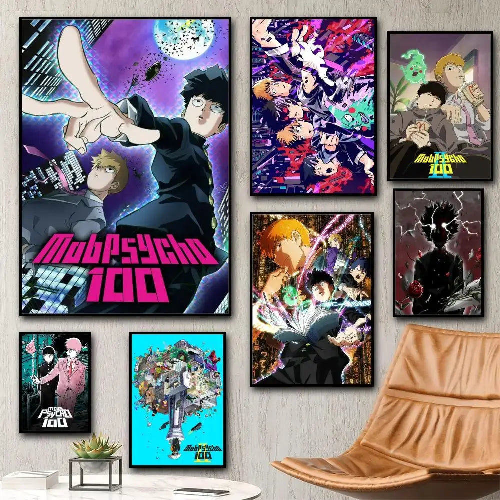 Vibrant pink and black mob psycho 100 shigeo canvas poster featuring dynamic characters on purple cityscape backdrop
