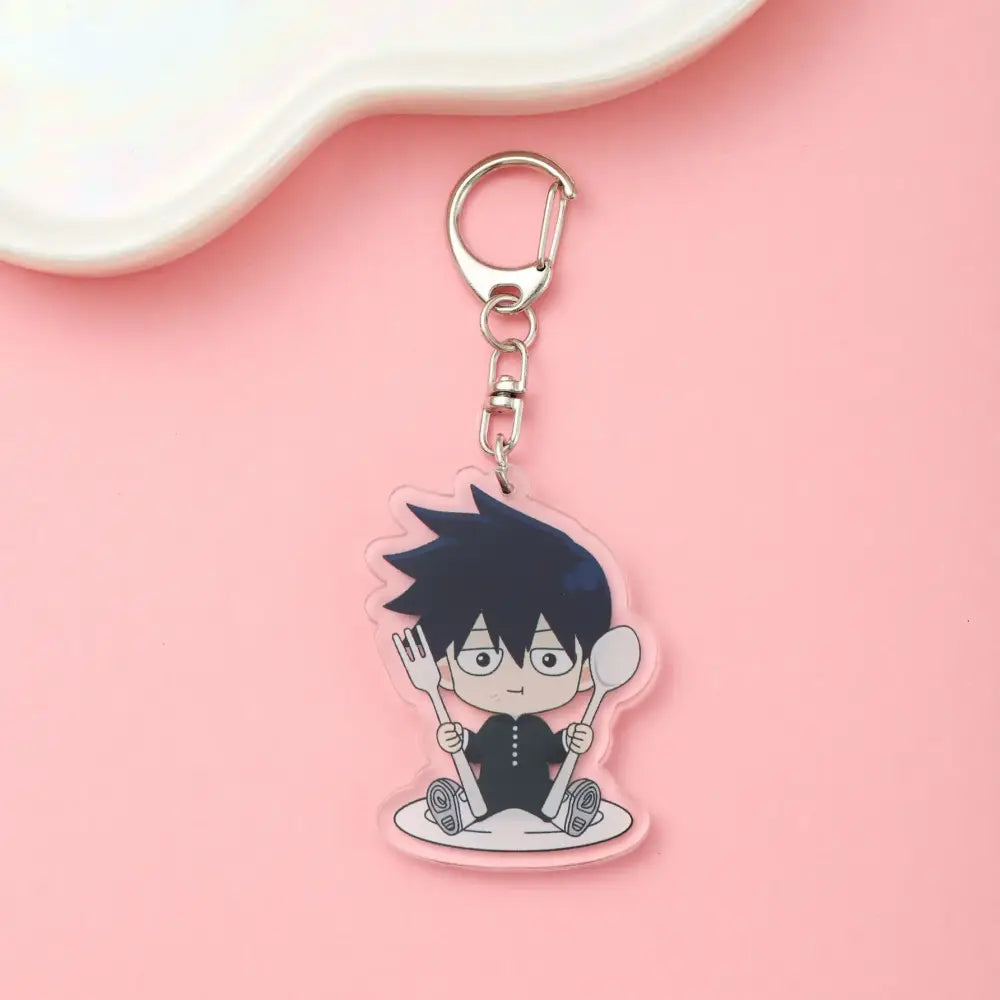 Clear acrylic mob psycho shigeo kageyama acrylic keychain featuring chibi character with fork and spoon on plate