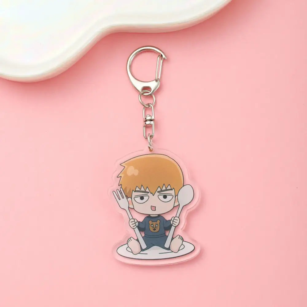Clear acrylic shigeo kageyama acrylic keychain with orange hair character holding fork and spoon mob psycho charm