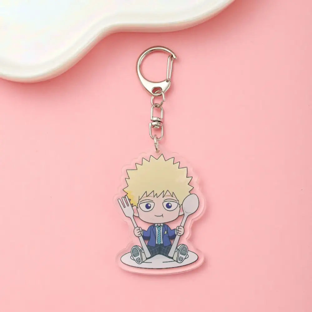 Clear acrylic mob psycho shigeo kageyama acrylic keychain with spiky blonde hair holding fork and spoon backpack charm