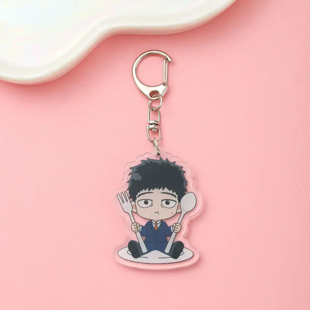 Clear acrylic mob psycho shigeo kageyama acrylic keychain with cartoon character in blue suit holding fork and spoon on plate