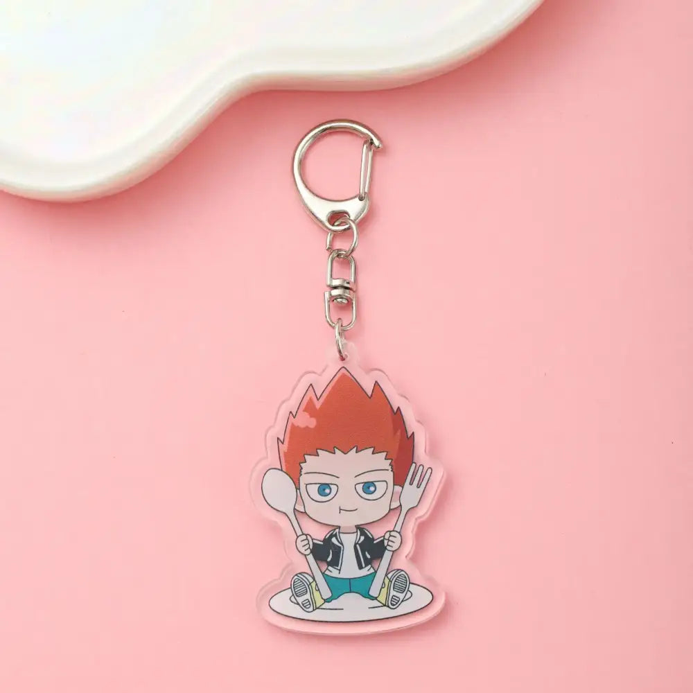 Translucent pink shigeo kageyama acrylic keychain featuring mob psycho character with spiky hair on a plate charm