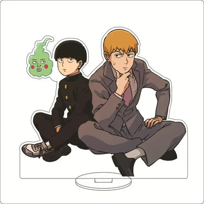 Clear acrylic ornament featuring shigeo kageyama and two jujutsu kaisen characters in black and gray outfits