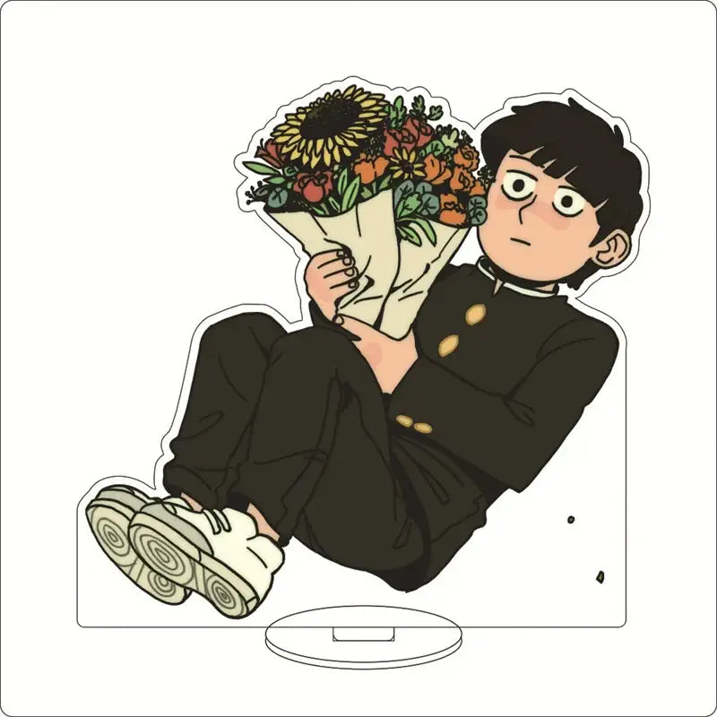 Mob psycho 100 shigeo kageyama acrylic stand featuring black and gold uniform character holding sunflowers bouquet in acrylic ornament