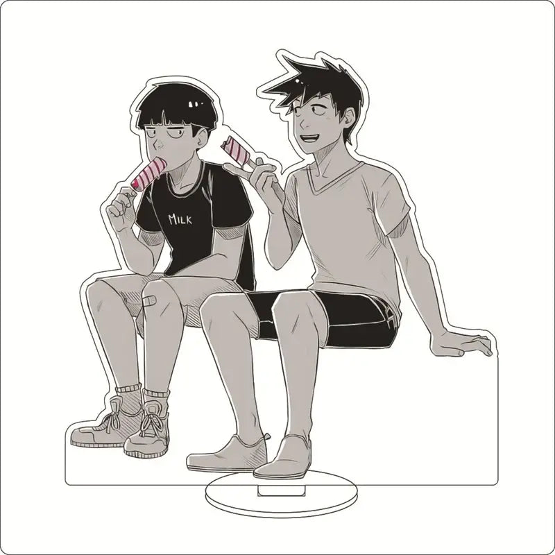 Clear acrylic mob psycho acrylic ornament featuring shigeo kageyama sitting with anime character holding striped popsicles