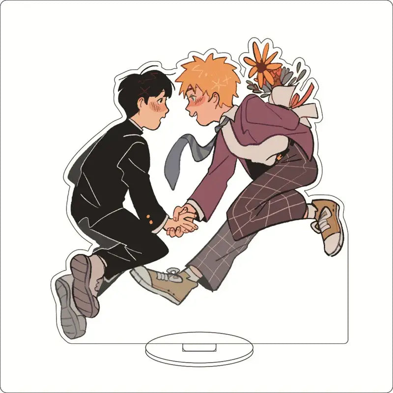 Clear acrylic stand featuring shigeo kageyama and orange-haired character in dynamic pose mob psycho acrylic ornament