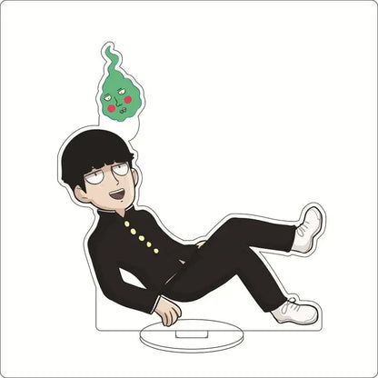 Black and white mob psycho acrylic ornament featuring shigeo kageyama in school uniform with green ghost float