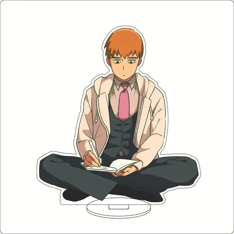 Mob psycho 100 shigeo kageyama acrylic ornament featuring orange-haired character in beige hoodie writing in notebook
