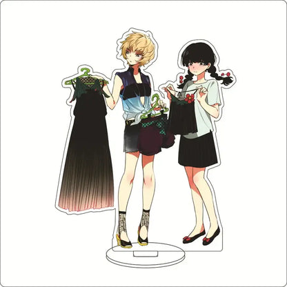 Clear acrylic ornament featuring mob psycho characters shigeo kageyama with blonde and dark-haired figures holding clothes