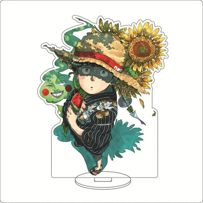 Mob psycho acrylic stand ornament featuring chibi shigeo kageyama in straw hat with sunflowers and black striped outfit