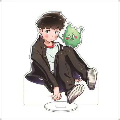 Black and white mob psycho shigeo kageyama acrylic stand with dark hair character and green creature acrylic ornament