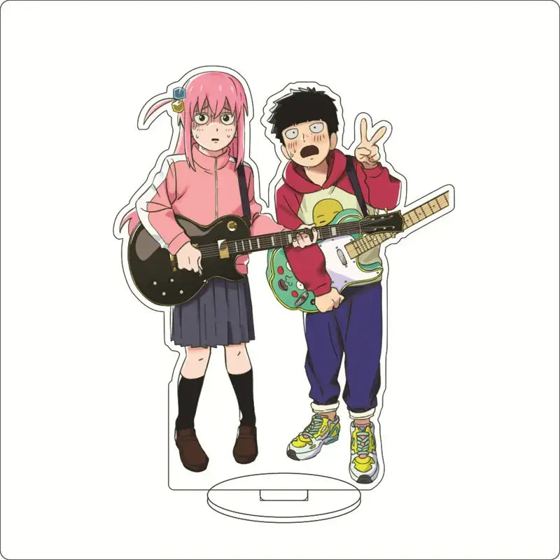 Clear acrylic stand featuring mob psycho anime characters with pink and black hair holding electric guitars acrylic ornament