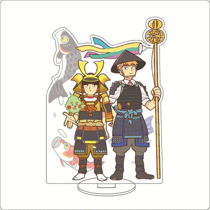 Clear acrylic ornament of mob psycho shigeo kageyama featuring two samurai characters in detailed armor