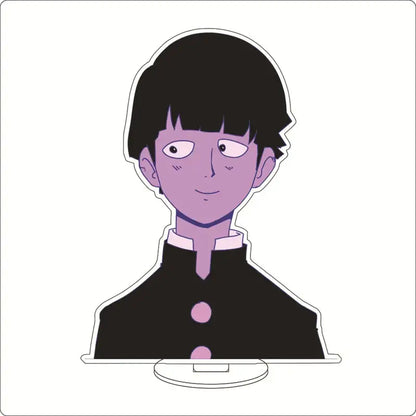 Mob psycho 100 shigeo kageyama acrylic stand featuring purple-skinned character in black uniform with pink buttons acrylic ornament