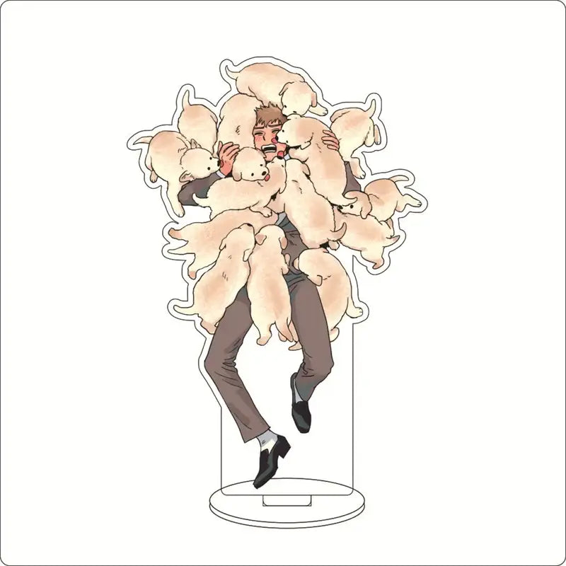 Clear acrylic ornament featuring shigeo kageyama surrounded by beige puppies from mob psycho 100 acrylic stand