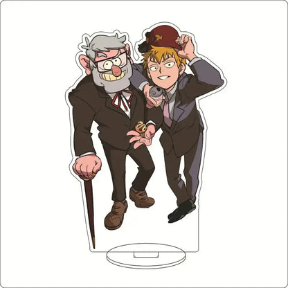 Clear acrylic ornament featuring mob psycho characters in formal suits with cane and hat shigeo kageyama acrylic stand