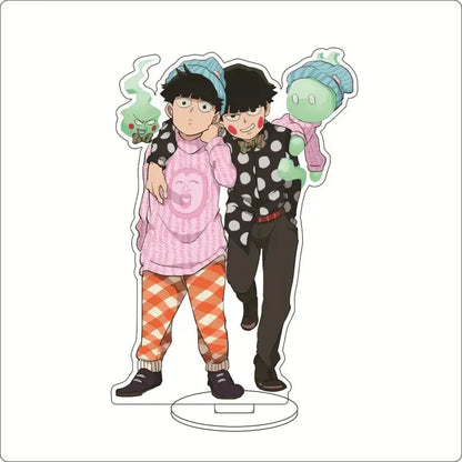 Mob psycho acrylic ornament featuring shigeo kageyama acrylic standee with anime characters in colorful outfits and green ghosts