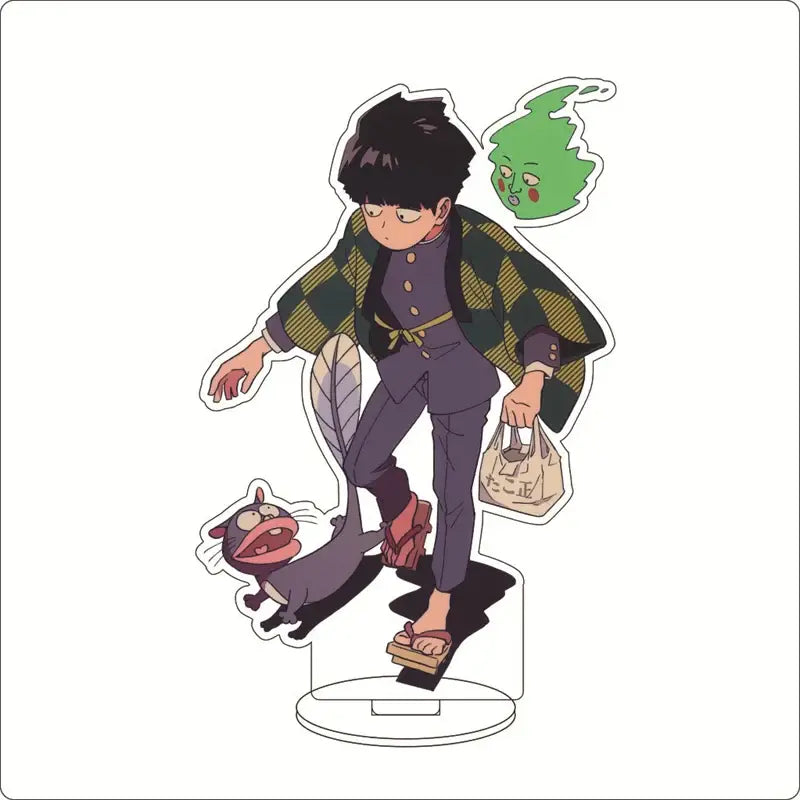 Mob psycho 100 shigeo kageyama acrylic stand featuring character in green black jacket purple pants holding shopping bag acrylic ornament