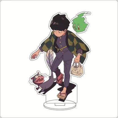 Mob psycho 100 shigeo kageyama acrylic stand featuring character in green black jacket purple pants holding shopping bag acrylic ornament