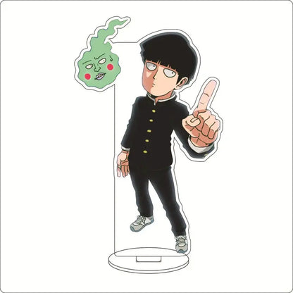 Mob psycho 100 shigeo kageyama acrylic stand featuring black and gold acrylic ornament with green ghost figure
