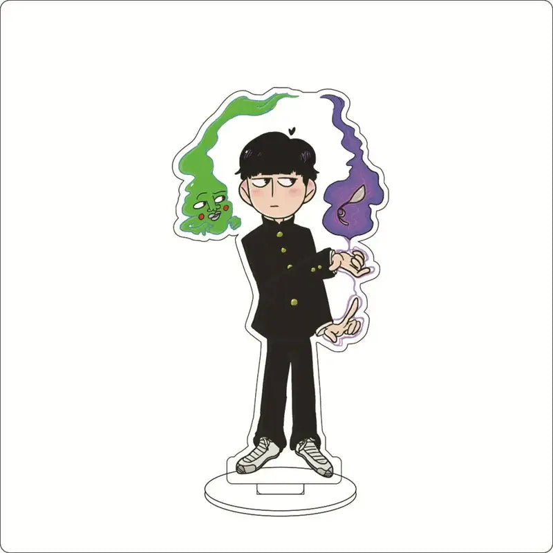 Black acrylic ornament of shigeo kageyama from mob psycho with green and purple ghostly smoke effects in school uniform