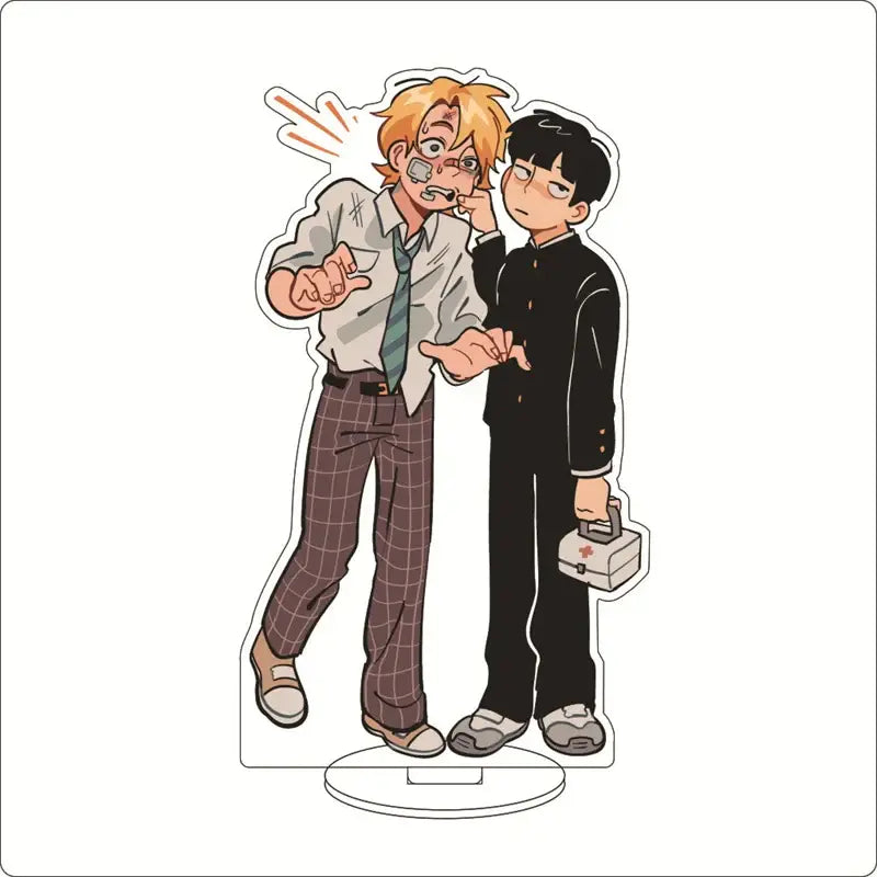 Clear acrylic ornament featuring two given anime characters including mob psycho shigeo kageyama acrylic stand