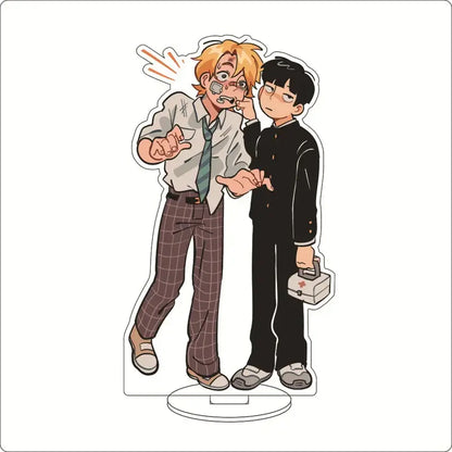 Clear acrylic ornament featuring two given anime characters including mob psycho shigeo kageyama acrylic stand