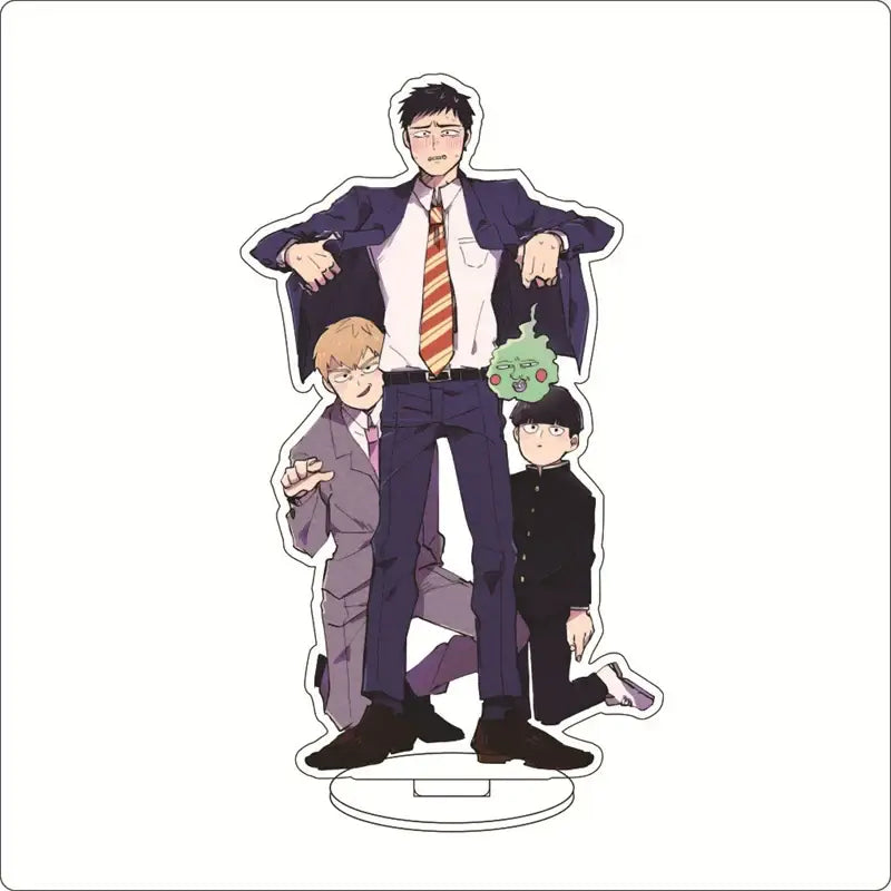 Clear acrylic ornament stand featuring mob psycho 100 shigeo kageyama and two anime characters in formal attire