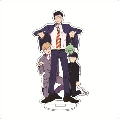 Clear acrylic ornament stand featuring mob psycho 100 shigeo kageyama and two anime characters in formal attire